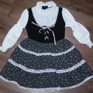 Girls Vintage Sears Made in USA Black Velvet Corset Bodice Floral Tiered Dress 4